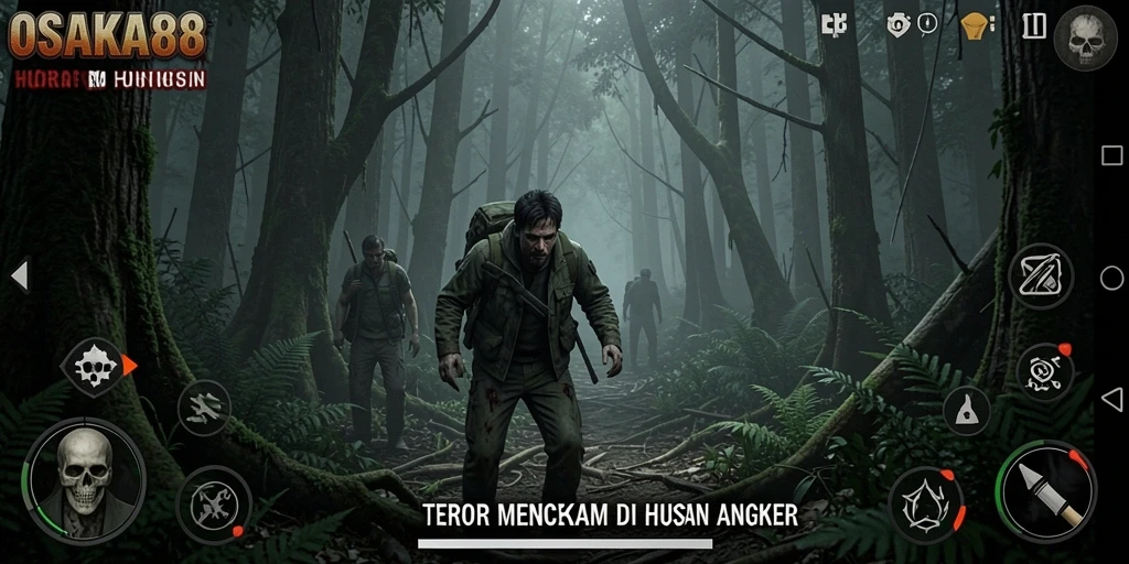 Tampilan antarmuka OSAKA88 yang mencekam dan penuh misteri di dalam hutan.